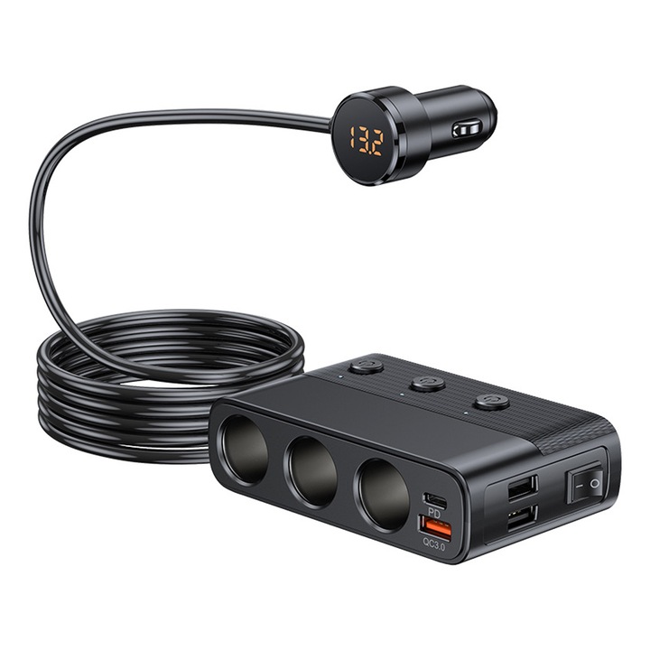 Autós szivargyújtó elosztó 12V/24V, 3 aljzat, C típusú QC3.0 PD 30W töltés, dupla USB port, 1 méteres kábel