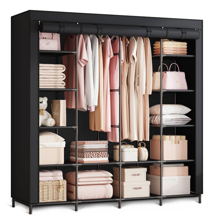 Sifonier textil Massido, 14 rafturi, 1 bara pentru umerase, 170x45x170cm, negru