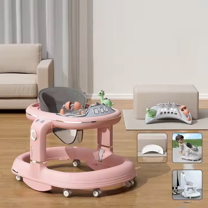 Многофункционален стол 4 в 1, люлеещ се стол, функция за предходна и предна проходилка, за хранене, за игра, регулируема височина, с музика и звуци, с колелца и система против преобръщане, възраст 6+ месеца, розов