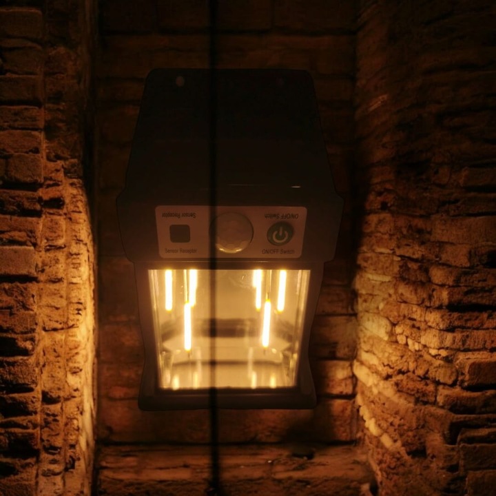 Napelemes kültéri fali lámpa mozgásérzékelővel és éjszakai érzékelővel YX-666-2W, 3 fénymód, 1800mAh akkumulátor, 600lm, beépített napelem, fekete, Vision XXI