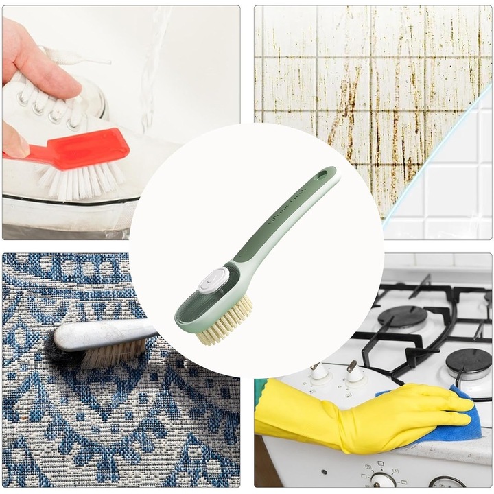 Perie Multifunctionala 2 in 1, Perie Densa/Perie din Piele de Caprioara, cu Recipient Lichid, Maner Lung, 20.1x 4.3 x 5 cm, Verde