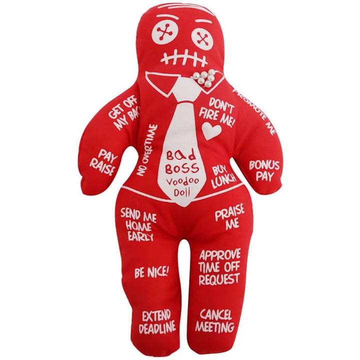 Papusa voodoo anti-stres destinata pentru seful tau, Ventoo®, distractie amuzanta si razbunare simbolica, dimensiune 20 cm, rosu