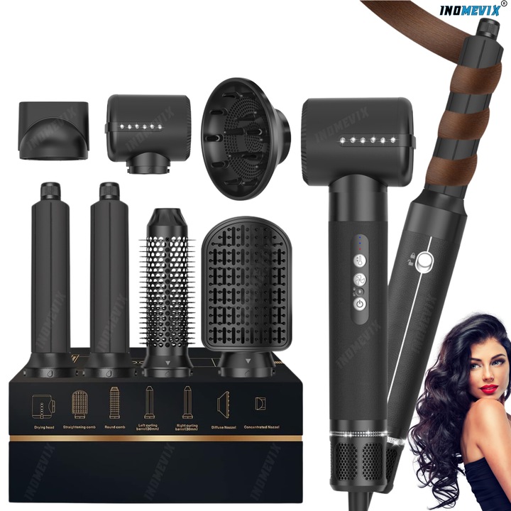 Електрическа четка INOMEVIX®, За оформяне, 7 в 1, 1400 W, 3 скорости и 3 температурни настройки, 200 милиона отрицателни йони, Диамантен сешоар, Сешоар с дифузер, Автоматична абсорбираща маша, 2 глави за къдрене, Четка за изправяне, Изглаждаща дюза