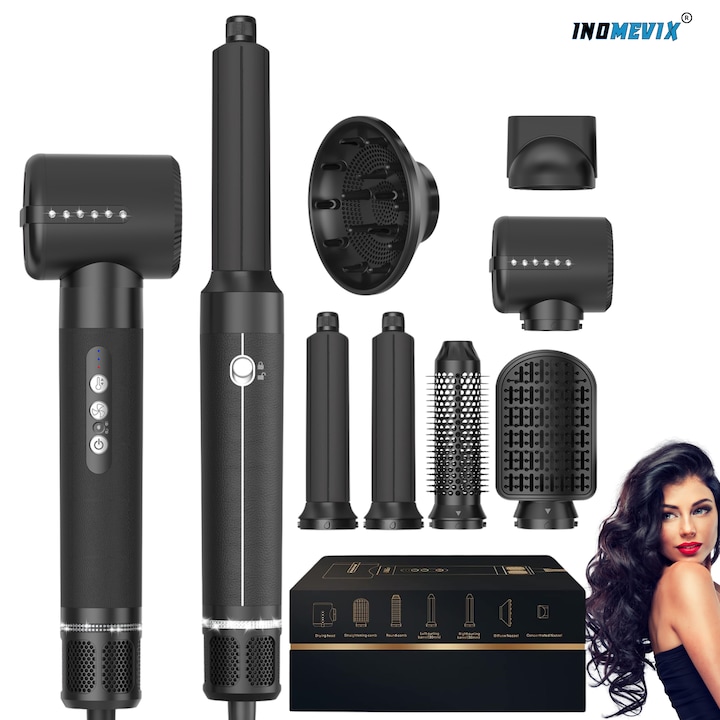 Elektromos kefe, INOMEVIX® 7 az 1-ben hajformázó készlet, 1400 W, 3 sebesség és 3 hőmérséklet-beállítás, 200 millió negatív ion, gyémánt hajszárító, hajszárító diffúzorral, 2 hajcsavaró fej, egyenesítő kefe, simító kefe