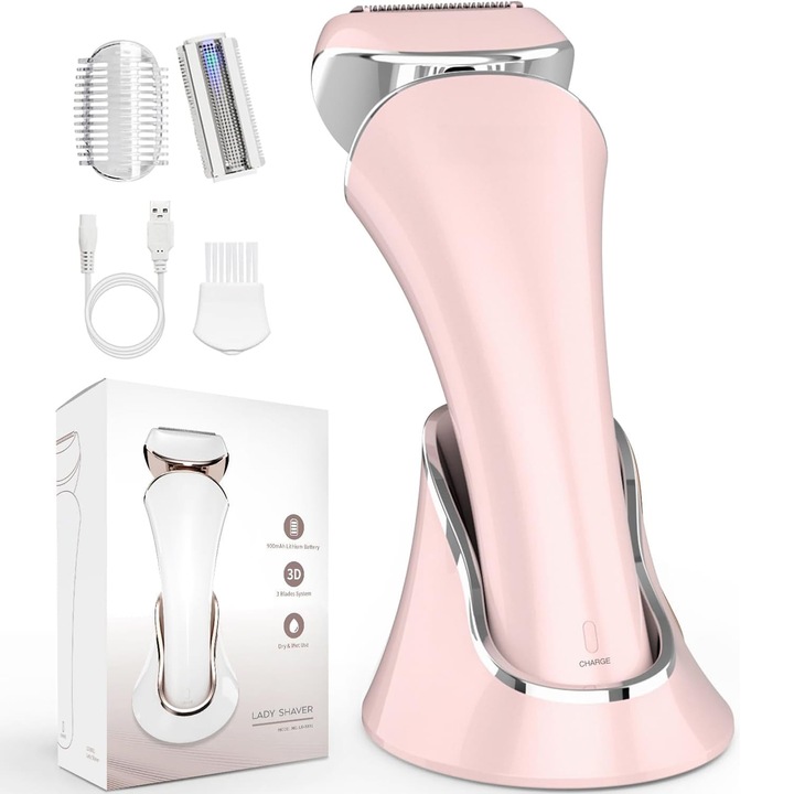 Aparat de Ras Electric pentru Femei Elindor® Epilator 3 in 1 Umed si Uscat, 3 tipuri de Lame Detasabile, IPX 6, Trimmer Reincarcabil USB, Statie de Incarcare, Epilat pentru Dama, 900mAh, Epilare Maini, Picioare, Axile si Inghinal, Roz