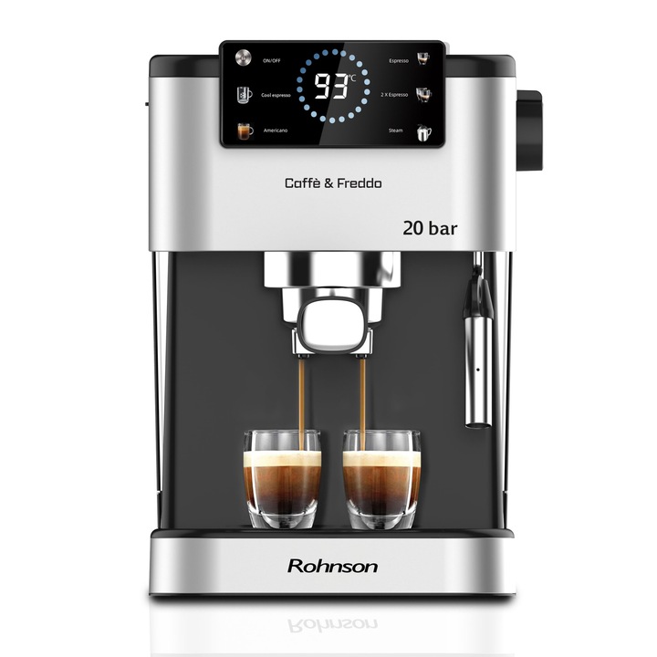 Espressor manual Rohnson R98028 Hot & Cold, 20 bari, 1350 W, 1, 5 L, protectie la supraincalzire si suprapresiune, ERP, NTC, PID, oprire automata, display, semnal sonor, 60 Db, negru
