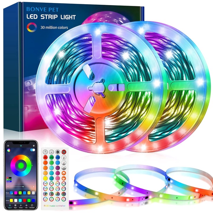 Banda LED 30 Metri Xenomo® NEO, Bluetooth, Intensitate si Culori Reglabile, Aplicatie Mobila, Sincronizare Sonora, Timer, Multicolora