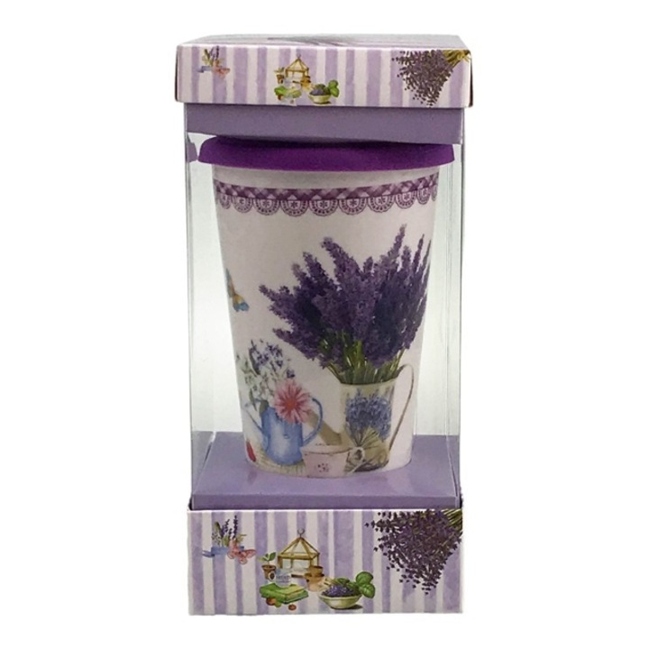 Cana conica, tip pahar, din ceramica, cu capac din silicon, cu lavanda.10x20 cm m1
