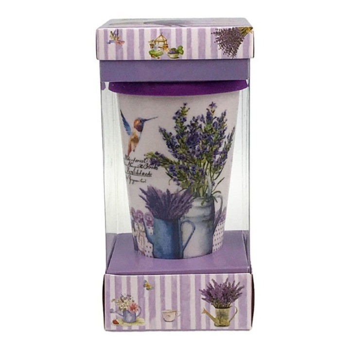 Cana conica, tip pahar, din ceramica, cu capac din silicon, cu lavanda.10x20 cm m2