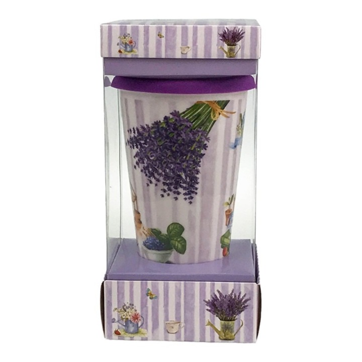 Cana conica, tip pahar, din ceramica, cu capac din silicon, cu lavanda.10x20 cm m3