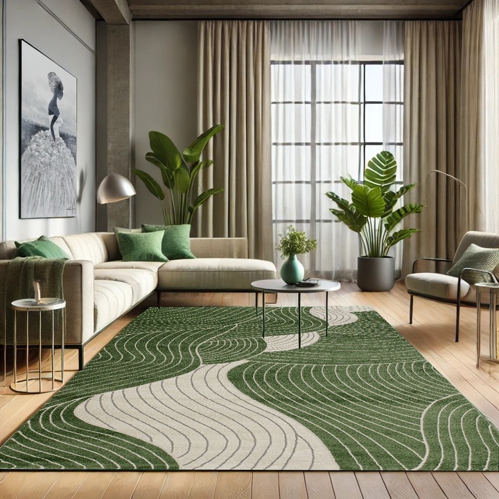 Covor Eylul Valdi Verde, 70x100 cm, Dreptunghi 2400 g/mp, 70% Polipropilena + 30% Bumbac