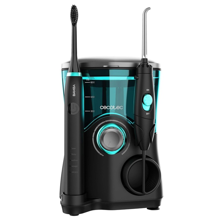 Set Irigator bucal Cecotec Bamba ToothCare si periuta de dinti electrica, 18 W, 600 ml, 10 nivele presiune, 7 atasamente, Negru