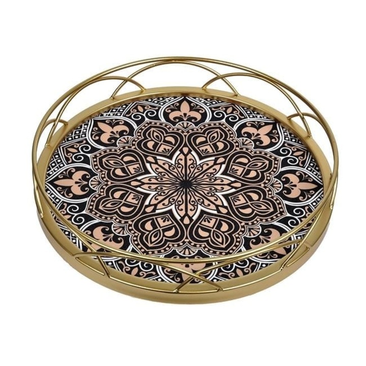 Tava decorativa cu inel pentru servit, metalica, cu design de tip mandala, Ø32cm, auriu/maro nude