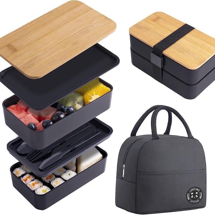 Set cutie alimentara MESEVEN, 2 niveluri, negru, 7.24x4.12x3.58 in, cu geanta izolatoare