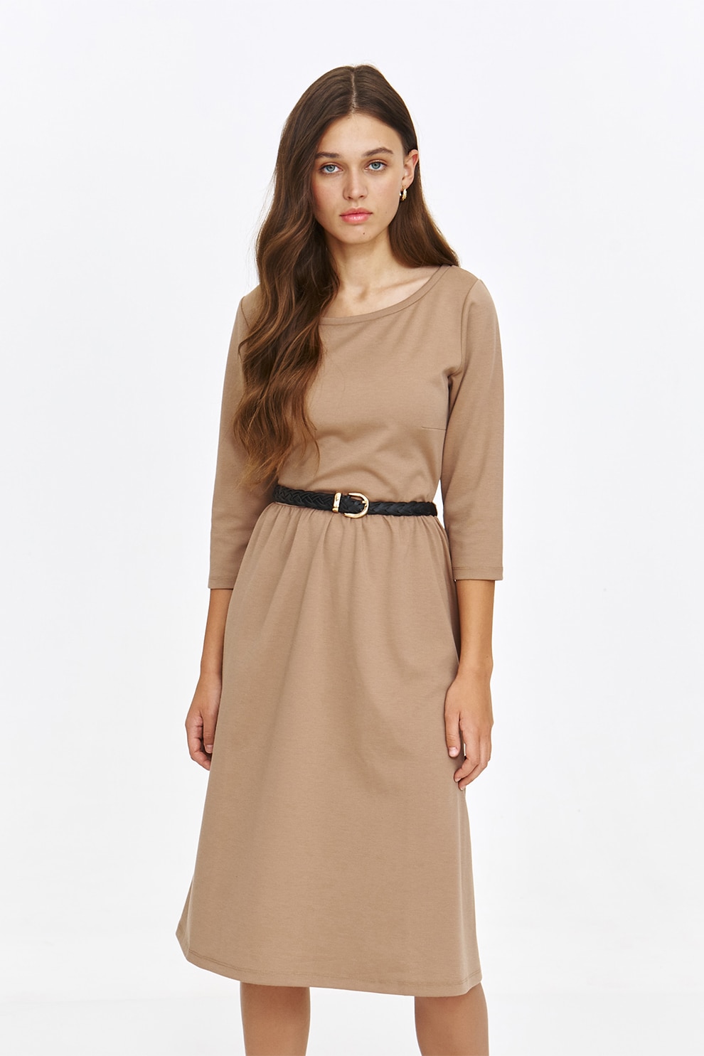 Top Secret, Rochie midi cu o curea impletita in talie, Maro nisip, 34