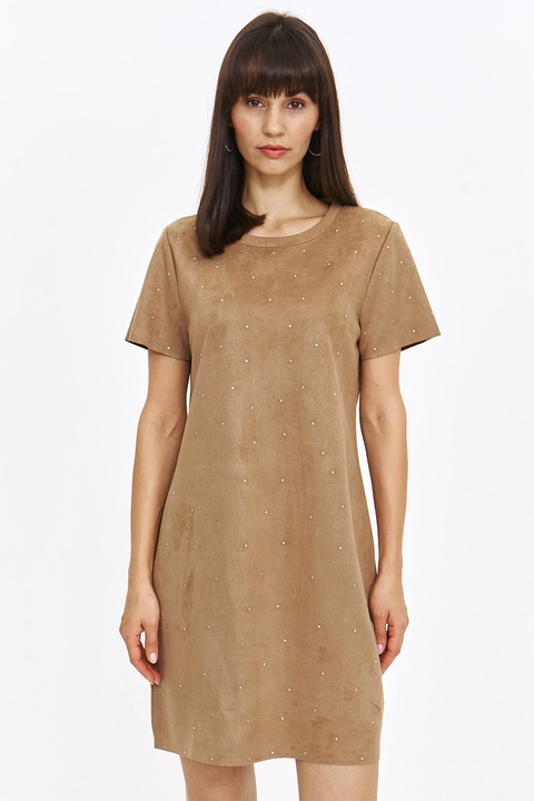 Top Secret, Rochie scurta dreapta cu decolteu la baza gatului, Maro nisip/Alb murdar