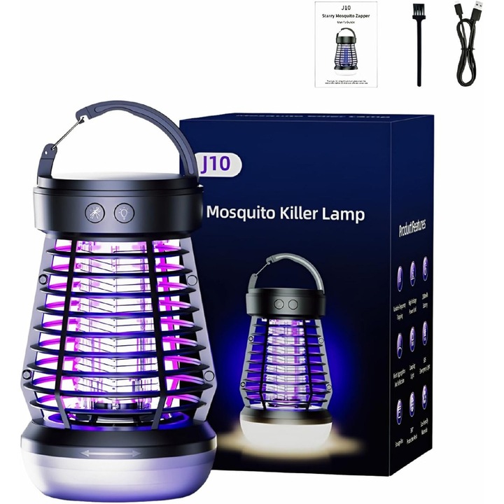 Лампа против насекоми 2 в 1, 80 LM, 2000 V UV лампа за къмпинг, преносима, за вътрешна и външна употреба