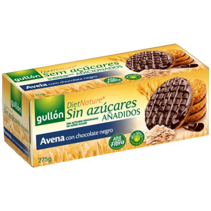 Biscuiti cu ovaz glazurati cu ciocolata neagra fara zahar, Gullon, 275g