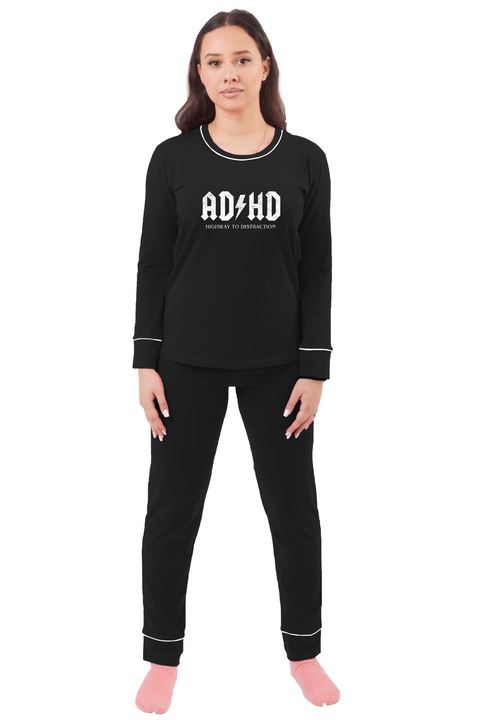 Pijama pentru femei CLANDESTINE Fun Distraction, Marimea Set 2 piese, Bluza cu maneca lunga si decolteu rotund la baza gatului, Pantaloni lungi cu mansete, Buzunare si snur ajustabil in talie, Calduroasa de iarna, BUMBAC, Negru, Uni