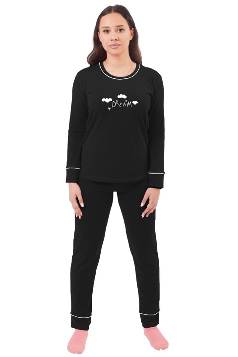 Pijama pentru femei CLANDESTINE Fun Distraction, Marimea Set 2 piese, Bluza cu maneca lunga si decolteu rotund la baza gatului, Pantaloni lungi cu mansete, Buzunare si snur ajustabil in talie, Calduroasa de iarna, BUMBAC, Negru, Abstract