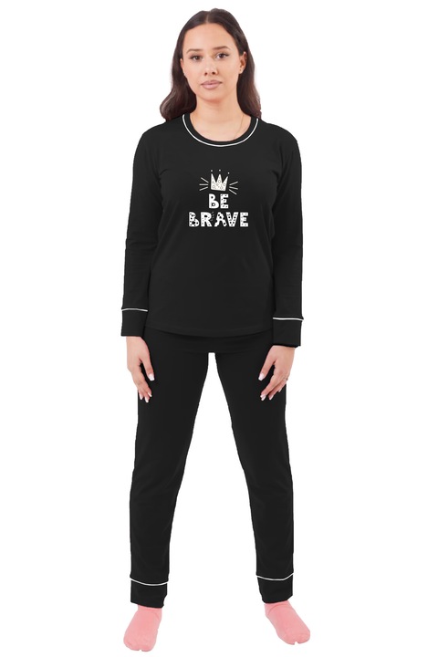Pijama pentru femei CLANDESTINE Fun Distraction, Marimea Set 2 piese, Bluza cu maneca lunga si decolteu rotund la baza gatului, Pantaloni lungi cu mansete, Buzunare si snur ajustabil in talie, Calduroasa de iarna, BUMBAC, Negru, Grafic