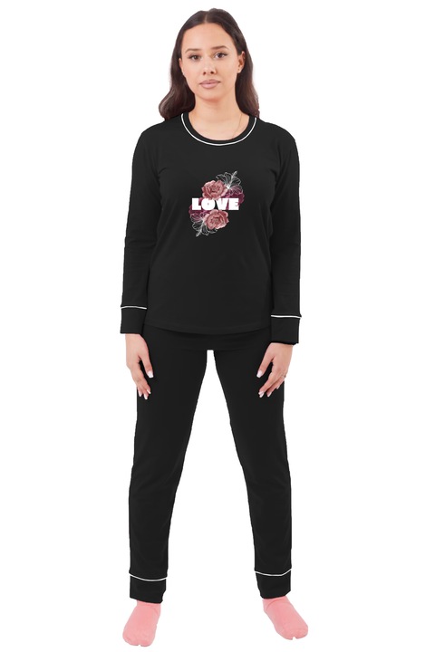 Pijama pentru femei CLANDESTINE Cold outside, Marimea Set 2 piese, Bluza cu maneca lunga si decolteu rotund la baza gatului, Pantaloni lungi cu mansete, Buzunare si snur ajustabil in talie, Calduroasa de iarna, BUMBAC, Negru, Dungi