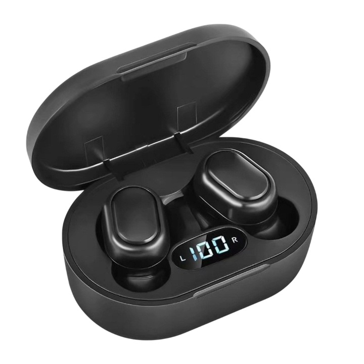 Vezeték nélküli Bluetooth fülhallgató, sztereó, vízálló, LED, 300mAh, fekete