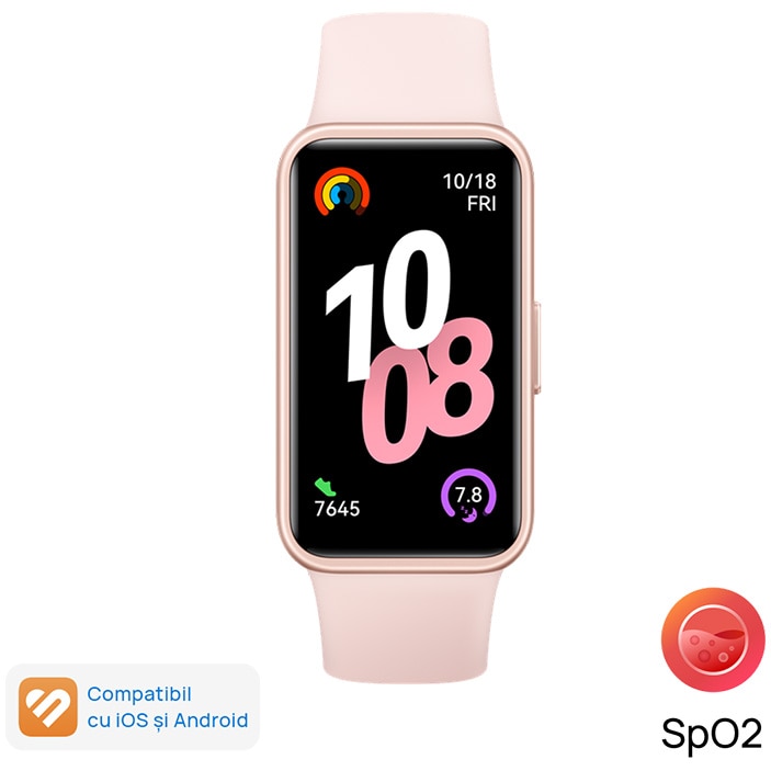 Bratara fitness HUAWEI Band 10, Android /iOS, Pink Durable Polymer Materials Body with Pink Fluoroelastomer Strap