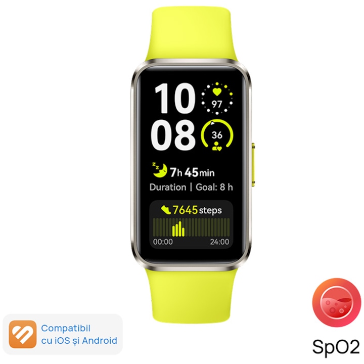 Фитнес гривна HUAWEI Band 10, Android /iOS, тяло от алуминиева сплав в цвят титан със зелена флуороеластомерна каишка