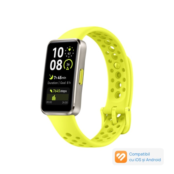 Bratara fitness HUAWEI Band 10, Android /iOS, Titanium Color Aluminum Alloy Body with Green Fluoroelastomer Strap