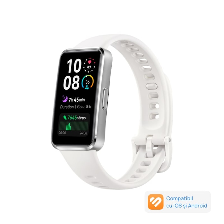 Brățară fitness Huawei Band 10, Android /iOS, Silver Aluminum Alloy Body with White Fluoroelastomer Strap