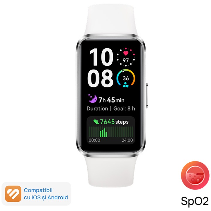 Фитнес гривна HUAWEI Band 10, Android /iOS, Silver Aluminum Alloy Body with White Fluoroelastomer Strap