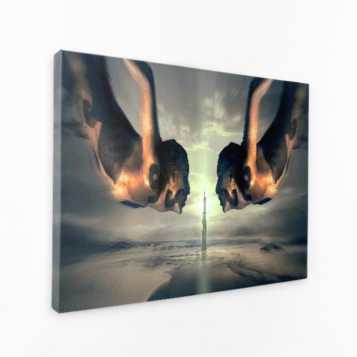 Картина на платно - Две лица на жена, слънце и луна зад тях - 40x60 cm