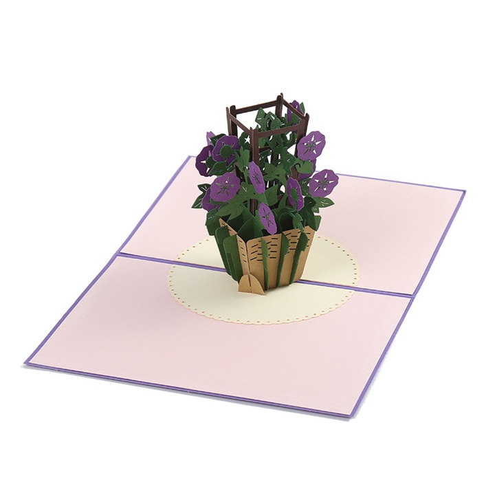 Carte pop-up 3D felicitare, buchet de trandafiri, taiat laser si asamblat manual din hartie italiana, cu efect surpriza, include plic, roz, 1 buc
