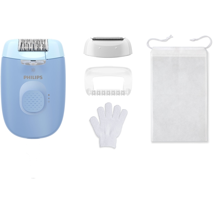 Epilator Philips Seria 4000 BRE247/00, 2 setari de viteza, cap de epilare lavabil, 4 accesorii, lumina LED, Albastru