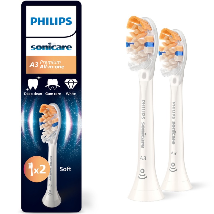 Rezerve Philips Sonicare A3 Premium All in One HX9092/87, pachet de 2 capete de periere standard, sincronizarea modurilor BrushSync, Alb