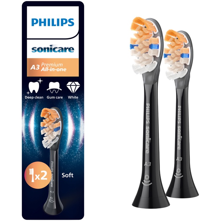 Rezerve Philips Sonicare A3 Premium All in One HX9092/88, pachet de 2 capete de periere standard, sincronizarea modurilor BrushSync, Negru