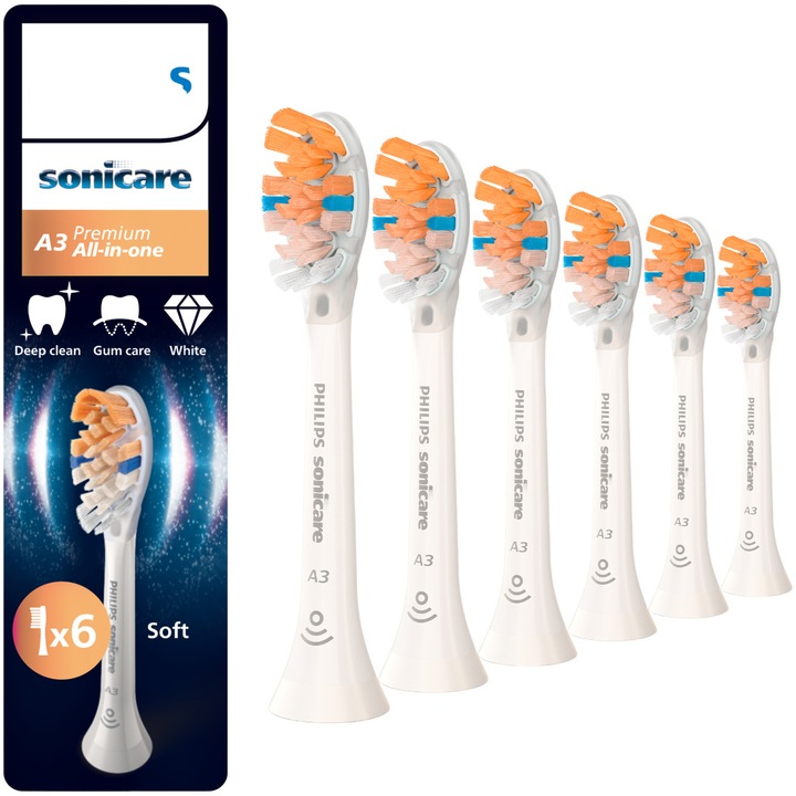 Rezerve Philips Sonicare A3 Premium All in One HX9096/87, pachet de 6 capete de periere standard, sincronizarea modurilor BrushSync, Alb