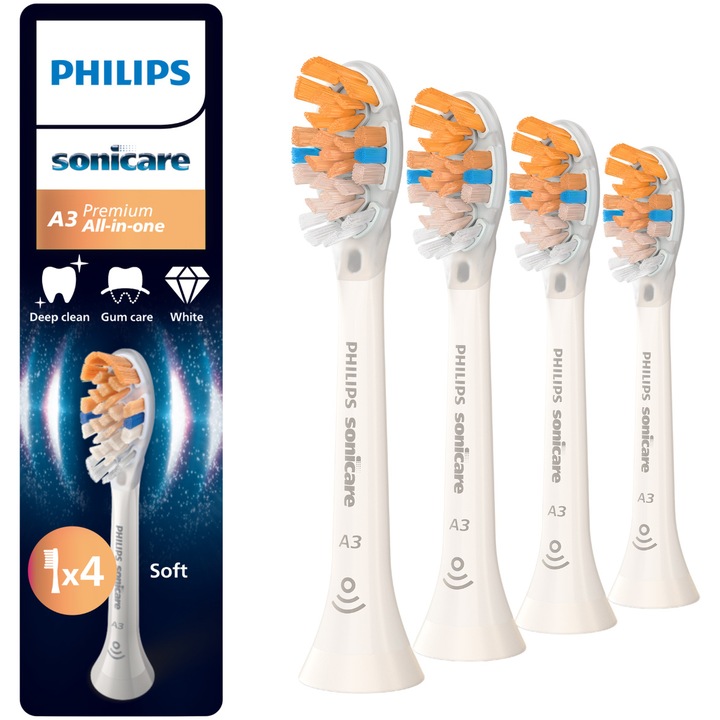 Rezerve Philips Sonicare A3 Premium All in One HX9094/87, pachet de 4 capete de periere standard, sincronizarea modurilor BrushSync, Alb