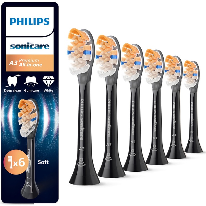 Rezerve Philips Sonicare A3 Premium All in One HX9096/88, pachet de 6 capete de periere standard, sincronizarea modurilor BrushSync, Negru
