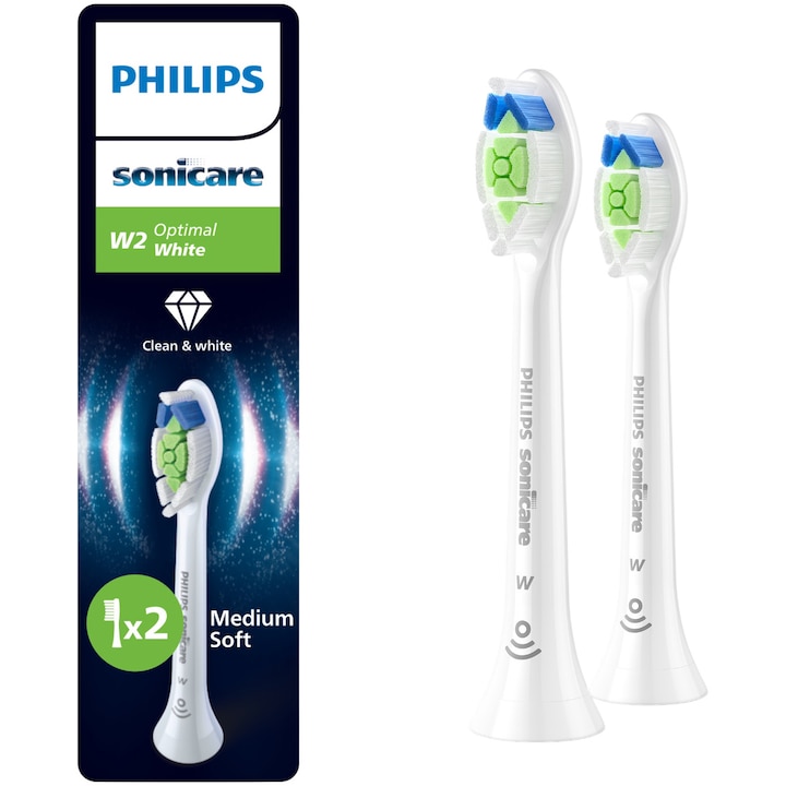 Резерва Philips Sonicare Optimal White HX6062/87, 2 глави за четка, Standard, Click-on, Синхронизация в режим BrushSync, Бял