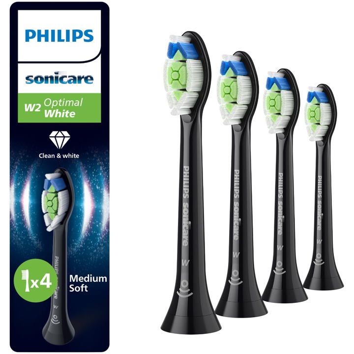 Rezerve Philips Sonicare Optimal White HX6064/88, pachet de 4 capete de periere, Standard, click-on, sincronizarea modurilor BrushSync, Negru
