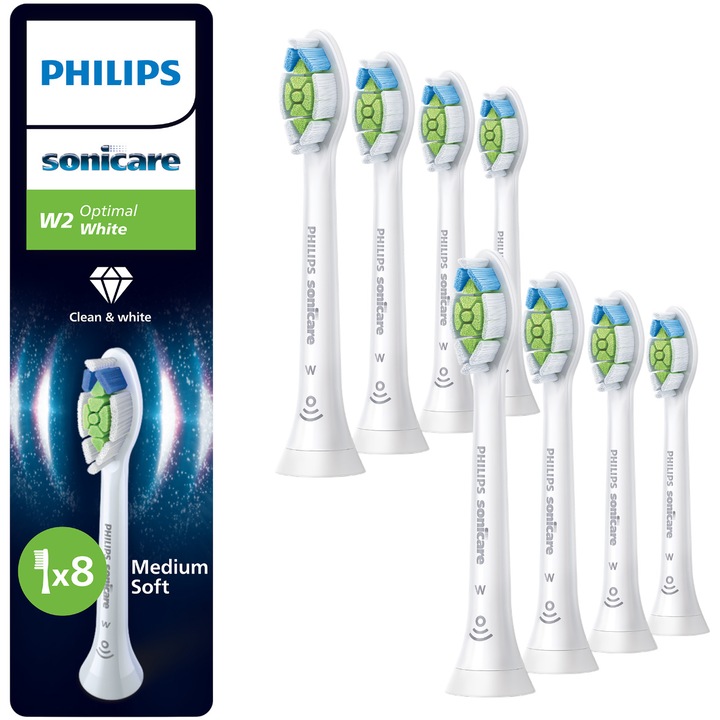 Резерва Philips Sonicare Optimal White HX6068/87, 8 глави за четка, Standard, Click-on, Синхронизация в режим BrushSync, Бял