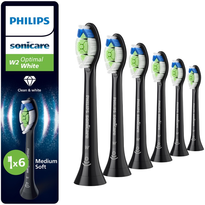 Rezerve Philips Sonicare Optimal White HX6066/88, pachet de 6 capete de periere, Standard, click-on, sincronizarea modurilor BrushSync, Negru