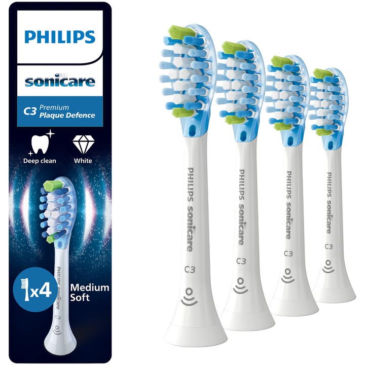 Rezerve Philips Sonicare Plaque Defence HX9044/87, pachet de 4 capete de periere, Standard, click-on, sincronizarea modurilor BrushSync, Alb