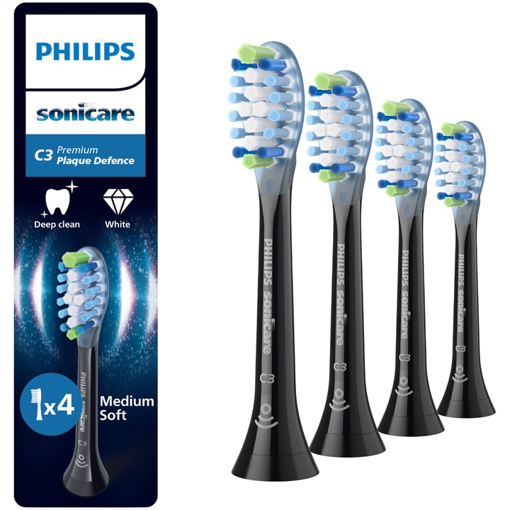 Rezerve Philips Sonicare Plaque Defence HX9044/88, pachet de 4 capete de periere, Standard, click-on, sincronizarea modurilor BrushSync, Negru