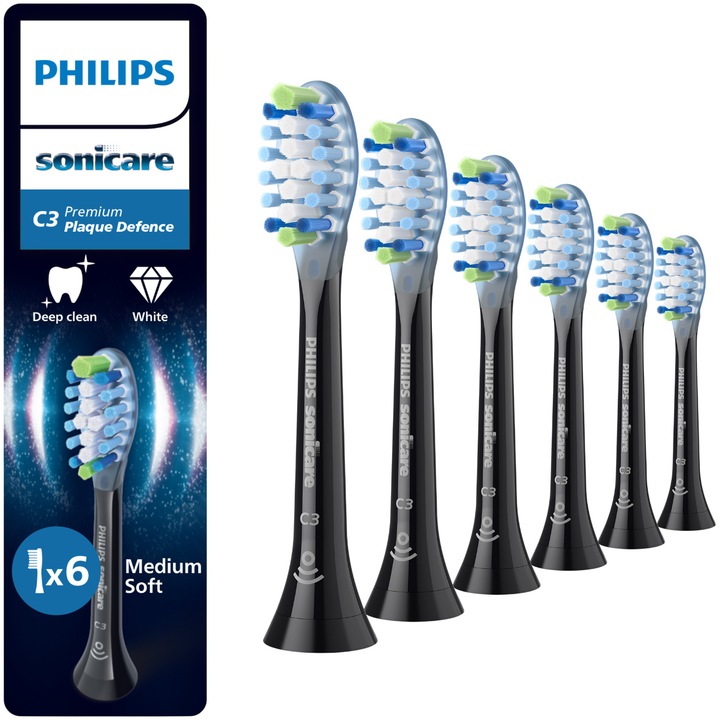 Rezerve Philips Sonicare Plaque Defence HX9046/88, pachet de 6 capete de periere, Standard, click-on, sincronizarea modurilor BrushSync, Negru