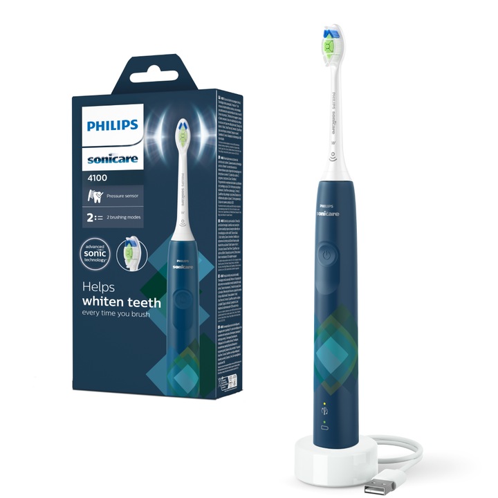 Електрическа звукова четка за зъби Philips Sonicare Series 4100 HX3689/42, 31000 осц/мин, 1 режим на почистване, 2 интензитета, Сензор за натиск, Функции BrushSync & SmartTimer, 1 глава на четката, Malibu