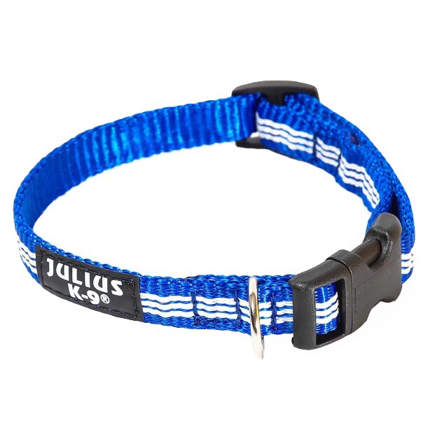 Zgarda IDC din nylon, pentru caini Julius K9, 14mmx24-36cm, Albastru cu fire reflectorizante