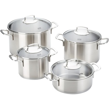 Set 8 piese inox Fissler, model Florence, 4 oale cu capac de sticla, inductie Set 8 piese inox Fissler, model Florence, 4 oale cu capac de sticla, inductie